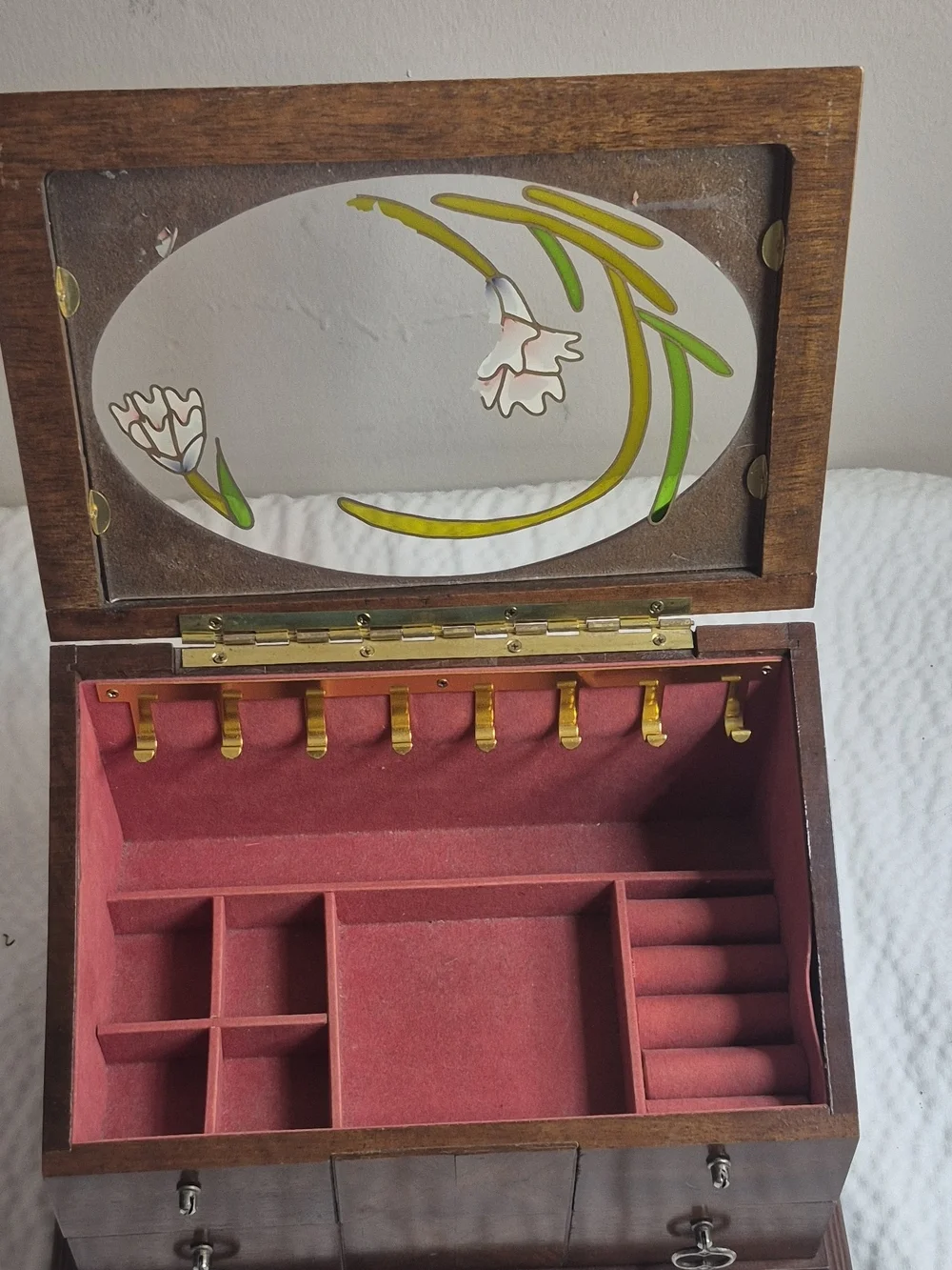 Vintage Wood Jewelry Box w/ Mirror, Floral Glass Lid, Drawers, Brown 11in 25+ pc